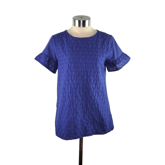 Cat & Jack Girls Size XL 14/16 Blue Flutter Sleeve Eyelet Detail Relaxed Fit Top - Picture 1 of 10